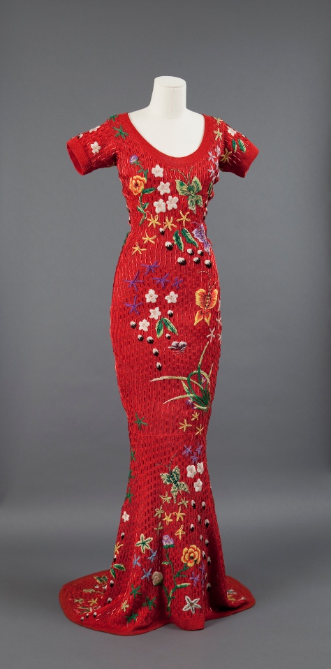 Zang Toi, Chinese Folk Art-Inspired Lacquered Red Knit Gown with Hand-beaded Flowers and Butterflies, Spring 1991, photograph courtesy of Museum of Chinese in America